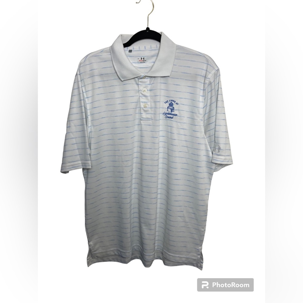 Under Armour white w/blue stripes short sleeve golf polo. Lighthouse. Large